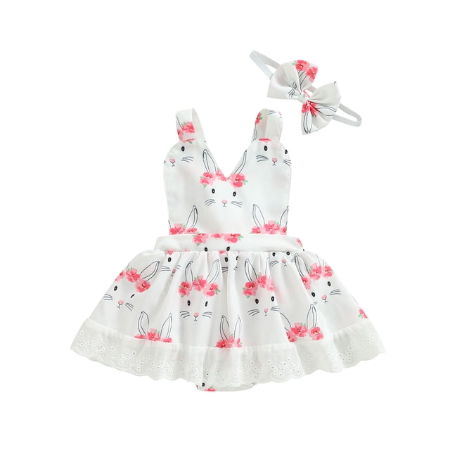 WIFORNT Pâques Barboteuse pour Filles Bébé Robe Imprimé Rabbit Col Halter Sans Manches Bordure en Dentelle Volants Jupe Justaucorps avec Couvre-Chef