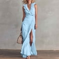 thumbnail image 5 of Ahabrexf Wedding Guest Dresses for Women, V Neck Ruffled Sleeveless Side Ruched High Slit Maxi Dress for Evening Party and Wedding, 5 of 9