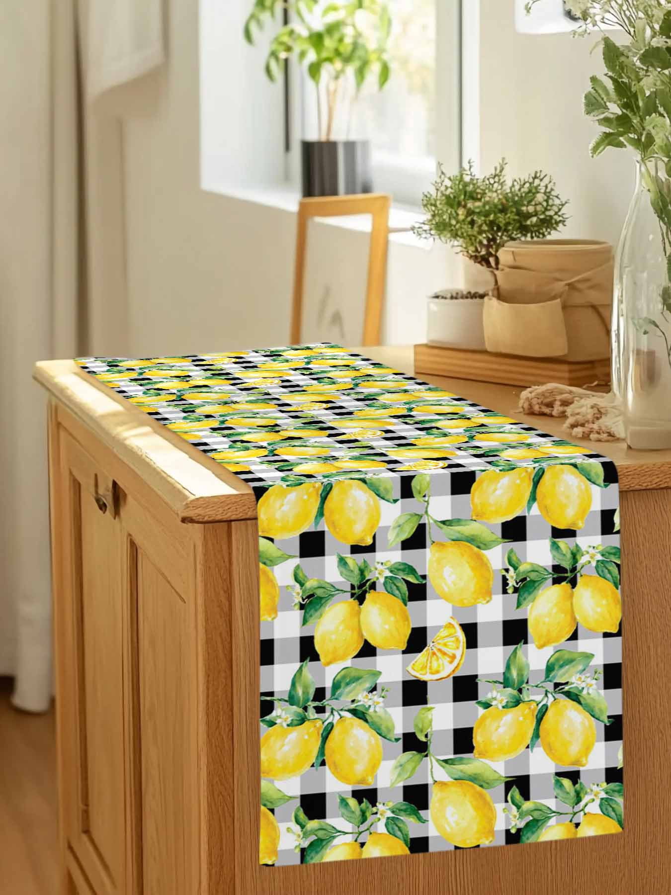Summer Lemon Fruit Farm Harvest Table Runner 90 Inches Long, Black White Buffalo Plaid Table Runners Tabletop Scarf Kitchen Dining Tables Decoration for Home Party Indoor Outdoor