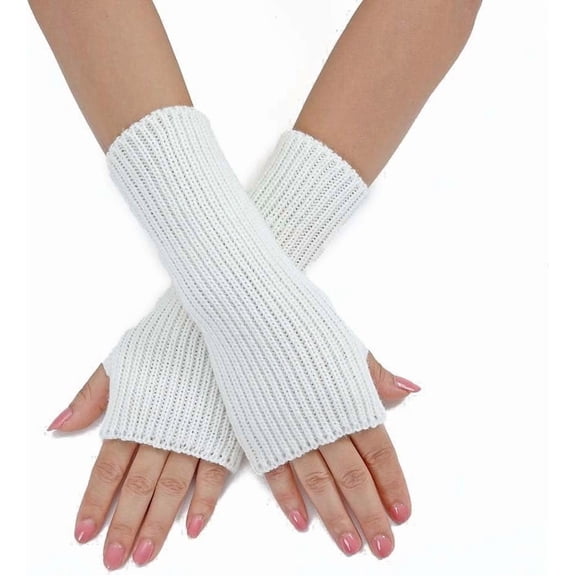 2 Pairs Acrylic Fibers Knitting Long Fingerless Gloves Arm Warmer Winter Warm Gloves with Thumb Hole White 200x70mm