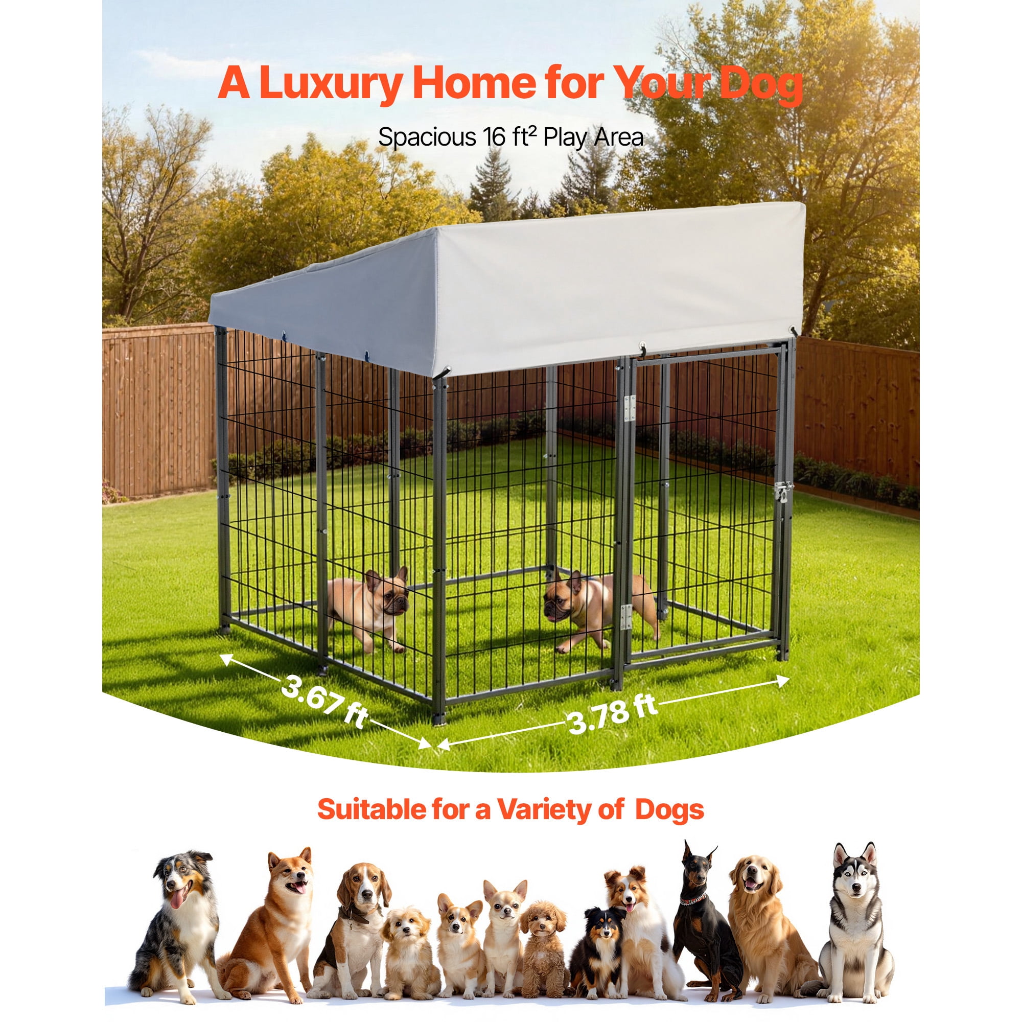KFFKFF Outdoor Dog Kennel, 3.67 x 3.78 x 4.1 ft Spacious Pet Enclosure with Secure Lock, Weatherproof Roof Cover for UV Protection, Durable Cage Run for Medium to Large Dogs