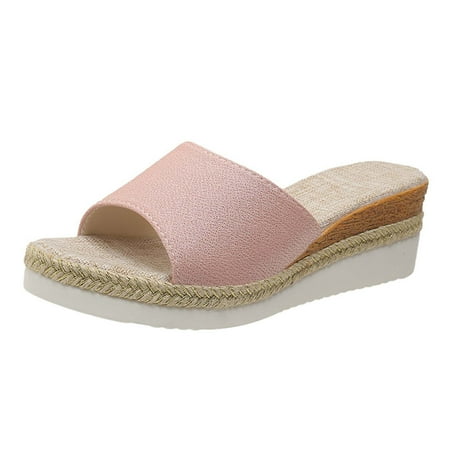 

YanHoo Wedge Sandals for Women Open Toe One Band Thick Bottom Flax Sandals Summer Casual Beach Slide Shoes