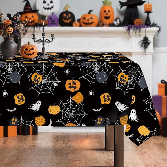 Halloween Pumpkins Tablecloth Waterproof, Boo Bats Black Table Cloth Rectangle Stain Resistant, Washable Table Cover for Home Kitchen Dining Party Decoration (60×84 inch)
