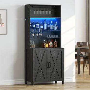 DEXTRUS 70.87" Bar Cabinet with Beverage Dispenser, Bar Cabinet with LED Light & Glass Holder, Black