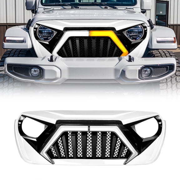 AMERICAN MODIFIED White & Black Front Goliath Grille w/LED DRL Turn Signal Lights For 2018 Jeep Wrangler JL Gladiator JT