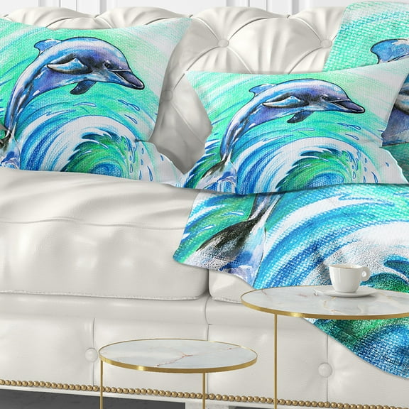 Designart Jumping Dolphin Watercolor - Animal Throw Pillow - 12x20