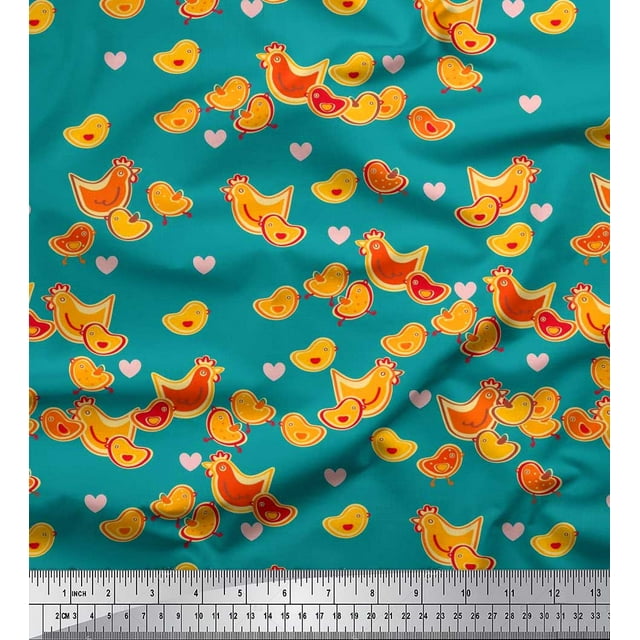 Soimoi Polyester Crepe Fabric Heart,Hen & Chick Cartoon Print Sewing Fabric Yard 52 Inch Wide