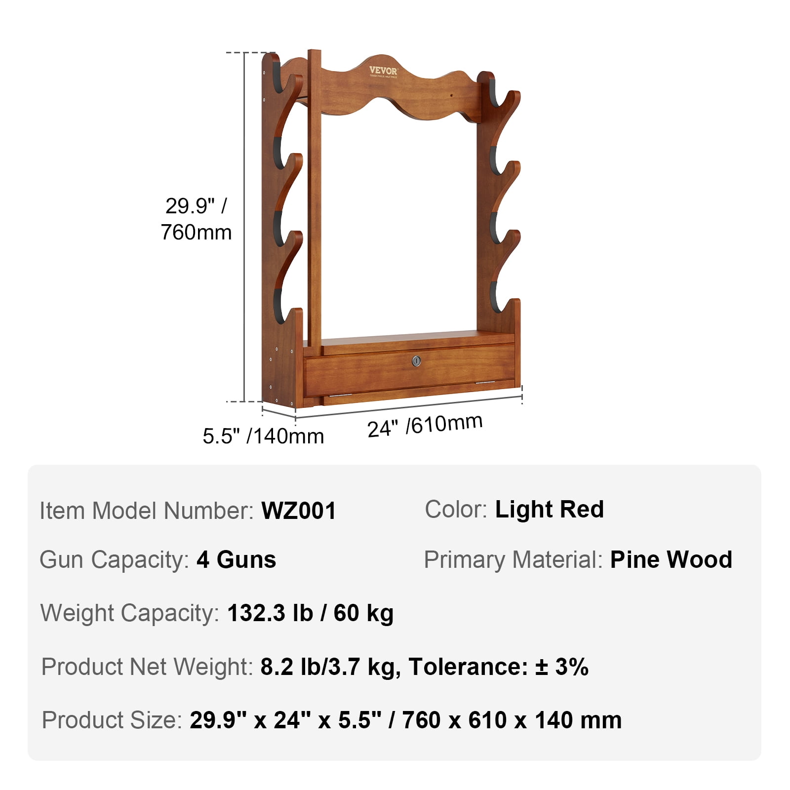 VEVOR Gun Rack, Wood Gun Rack Wall Mount, Gun Display Rack holds 4 Rifles, Shotguns, 132 lb Heavy Duty Wall Storage Display Rifle Rack with Soft Padding