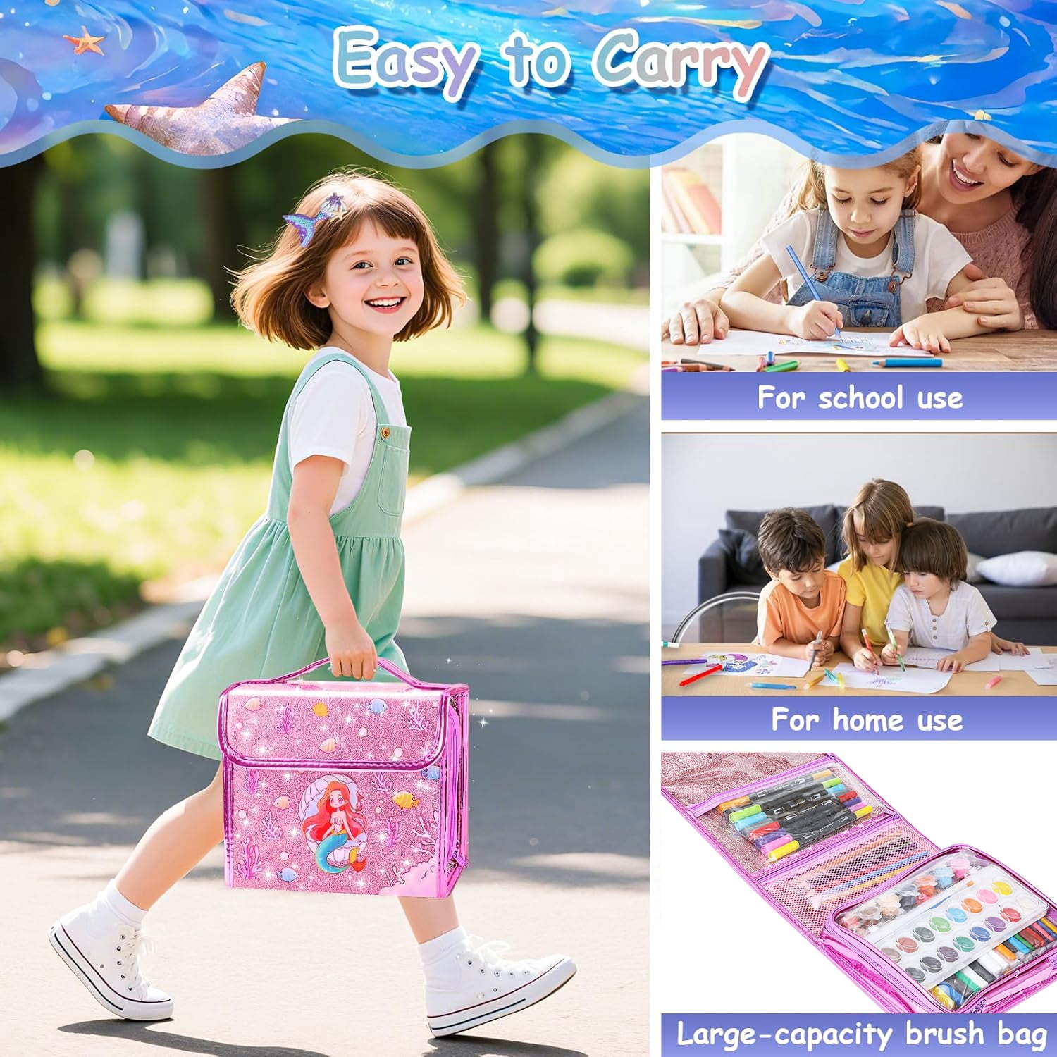 Aijohnny Mermaid Art Set,Washable Scented Markers Kit with Stickers,Glitter Pencil Case,Glitter Pens & Crayons,Birthday Gifts for 3-5 8-12 Year Old