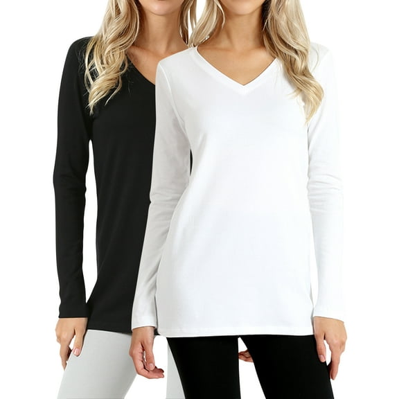 Zenana Women & Plus Basic Cotton Relaxed Fit V-Neck Long Sleeve Plain Active Casual T-ShirtTop(S-3X)