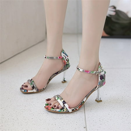 

uikmnh Women Shoes Fashion Summer Women Sandals Middle Heel Flower Colorful Buckle Style Grey 6.5