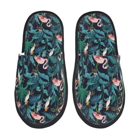 Balery Flamingos And Birds Slient Indoor Furry Fleece Comfort House Shoes Soft Non-Slip Home Shoes Cotton slippers House Slippers-- Large