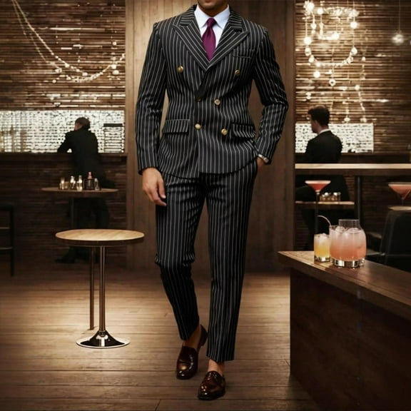 Miluxas Men's Suits 2 Piece Pinstripe Double Breasted Tuxedo Suit for Men Slim Fit formal Dress Blazer Jacket Pants Black