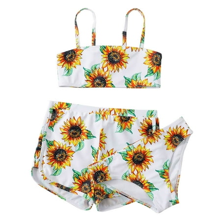 Girls 2 Piece Swimsuit Sunflower Printed Spaghetti Strap Swimwear Floral Beach Girls Bathing Suit Yellow 9-10 Years