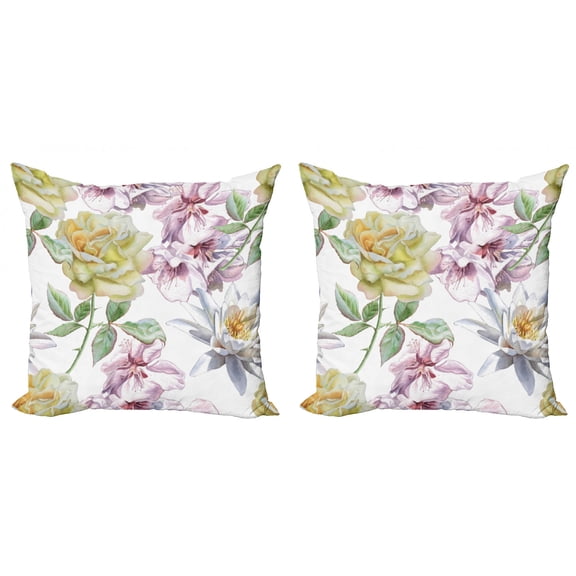 Ambesonne Floral Throw Pillow Cover 2 Pack, Rose Petals Sakura Lily, 16", Fern Green Pale Pink