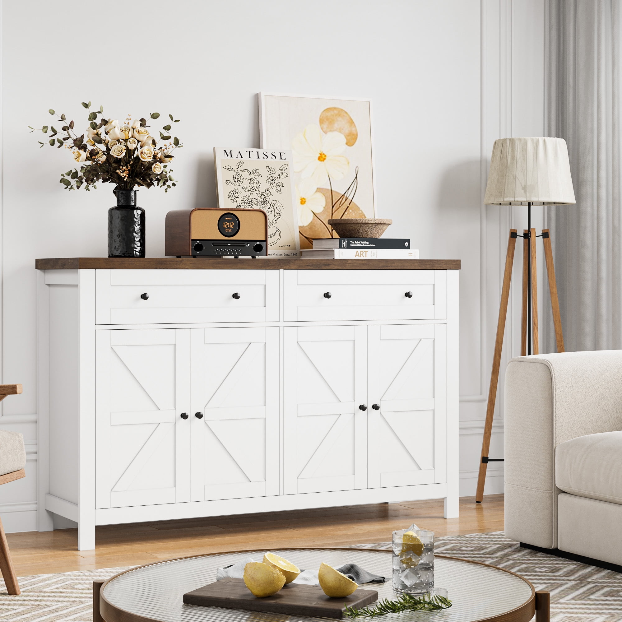 Homfa Farmhouse Kitchen Buffet Storage Cabinet, 4-Doors 2 Large Drawer Wood Sideboard Credenza with Adjustable Shelves, White-Brown