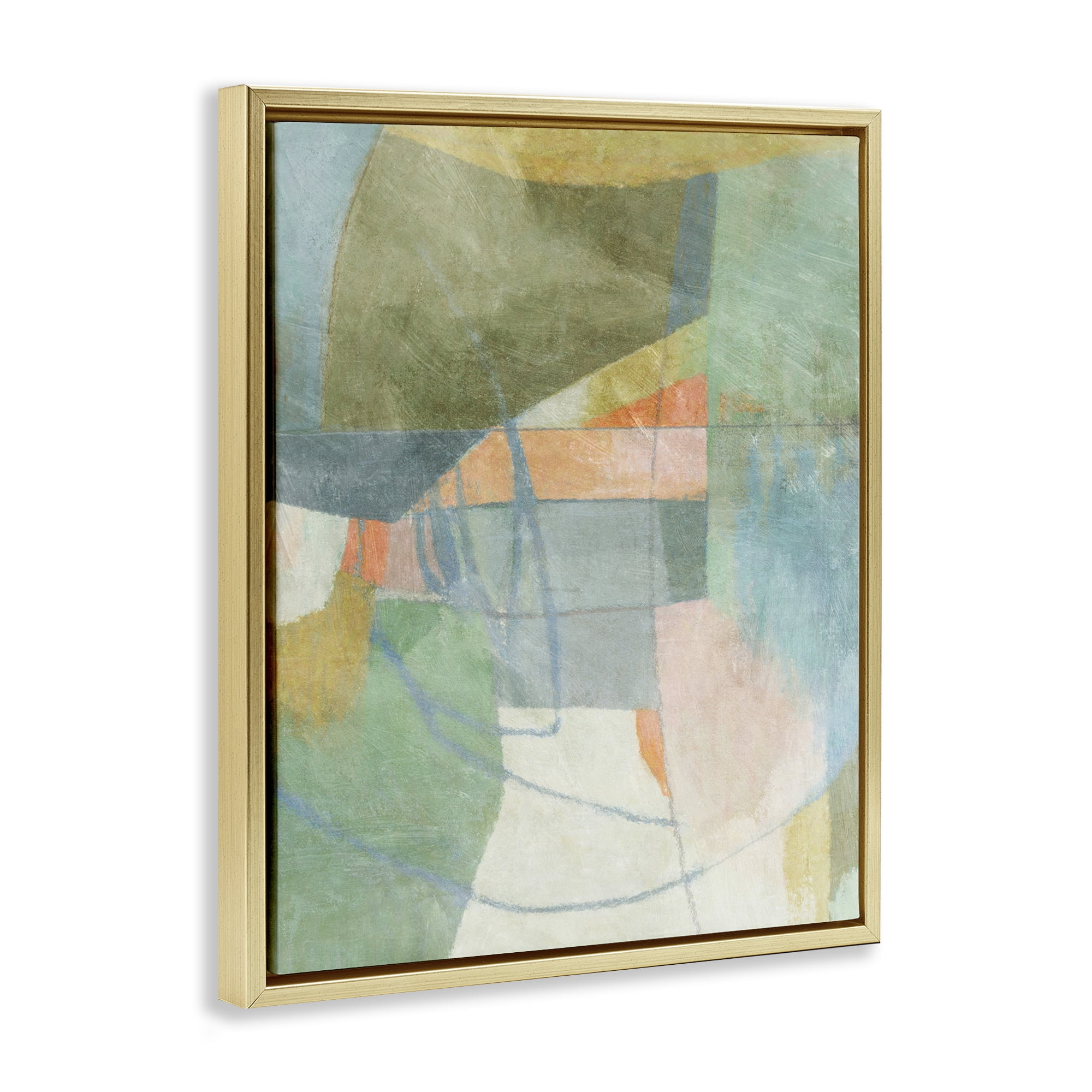 Stupell Industries Pastel & Green Shapes Abstract Painting Gold Floater Framed Canvas Art Print Wall Art, 25 x 31