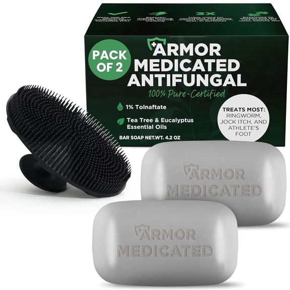 Antifungal Soap Pack of 2 | Medicated Jock Itch Treatment, Fights Ringworm & Athlete's Foot | Antifungal Soap Includes Scrubber for Deeper Cleansing & Exfoliation | Tea Tree Oil 1% Tolnaftate