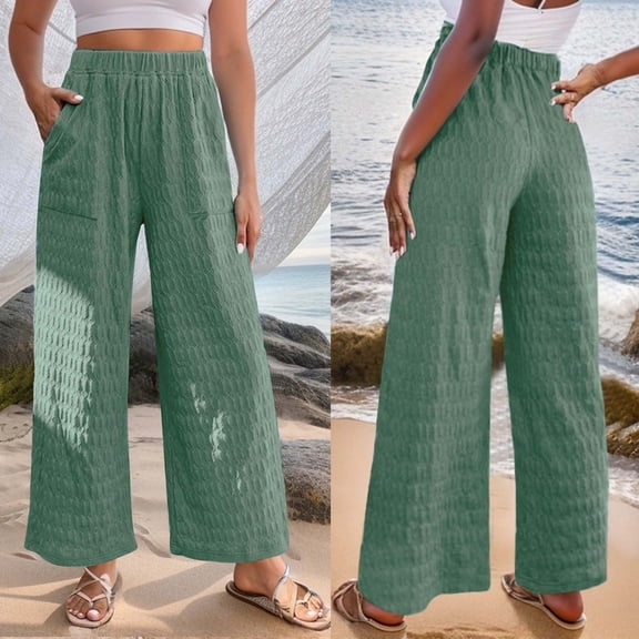 qolati Women's Palazzo Pants Smocked Elastic High Waist Flowy Beach Pants Casual Solid Color Wide Leg Lounge Trousers with Pockets