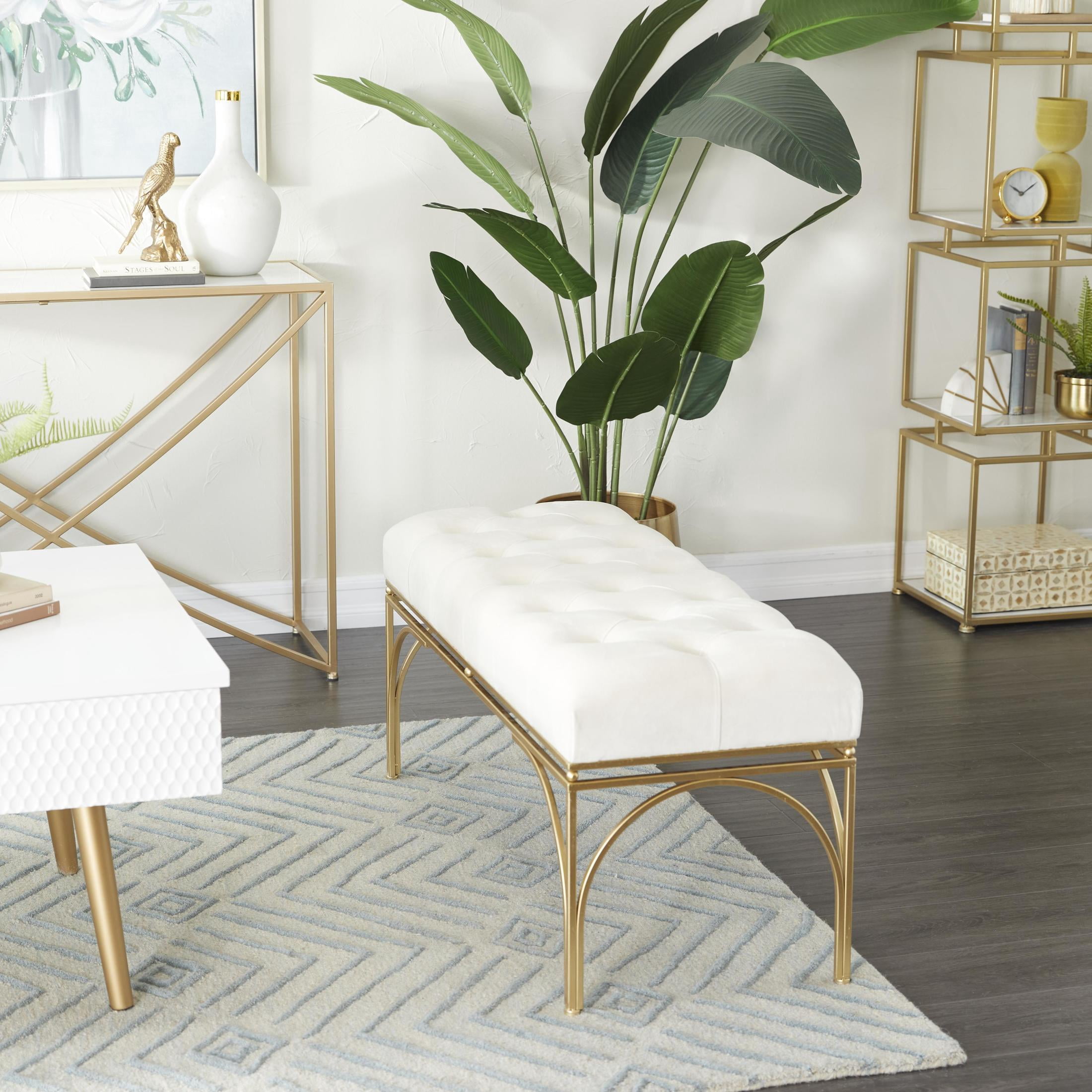 DecMode Velvet Tufted Bench with Gold Metal Legs, White