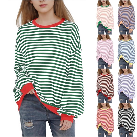 Miluxas Girls Long Sleeve Crewneck Striped Sweatshirt Casual Color Block Pullover Tops Yellow 1-2 Years