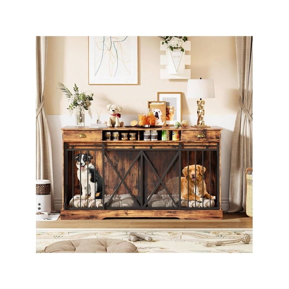 Ourlova 63 inch Extra Large Double Dog Crate with Removable Divider Heavy Duty Dog Kennel Furniture with 2 Drawers Indoor Decorative Pet Cage TV Stand for 2 Pets
