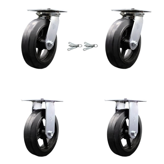 8 Inch Rubber on Steel Caster Set with Roller Bearing 2 Swivel Lock and 2 Rigid