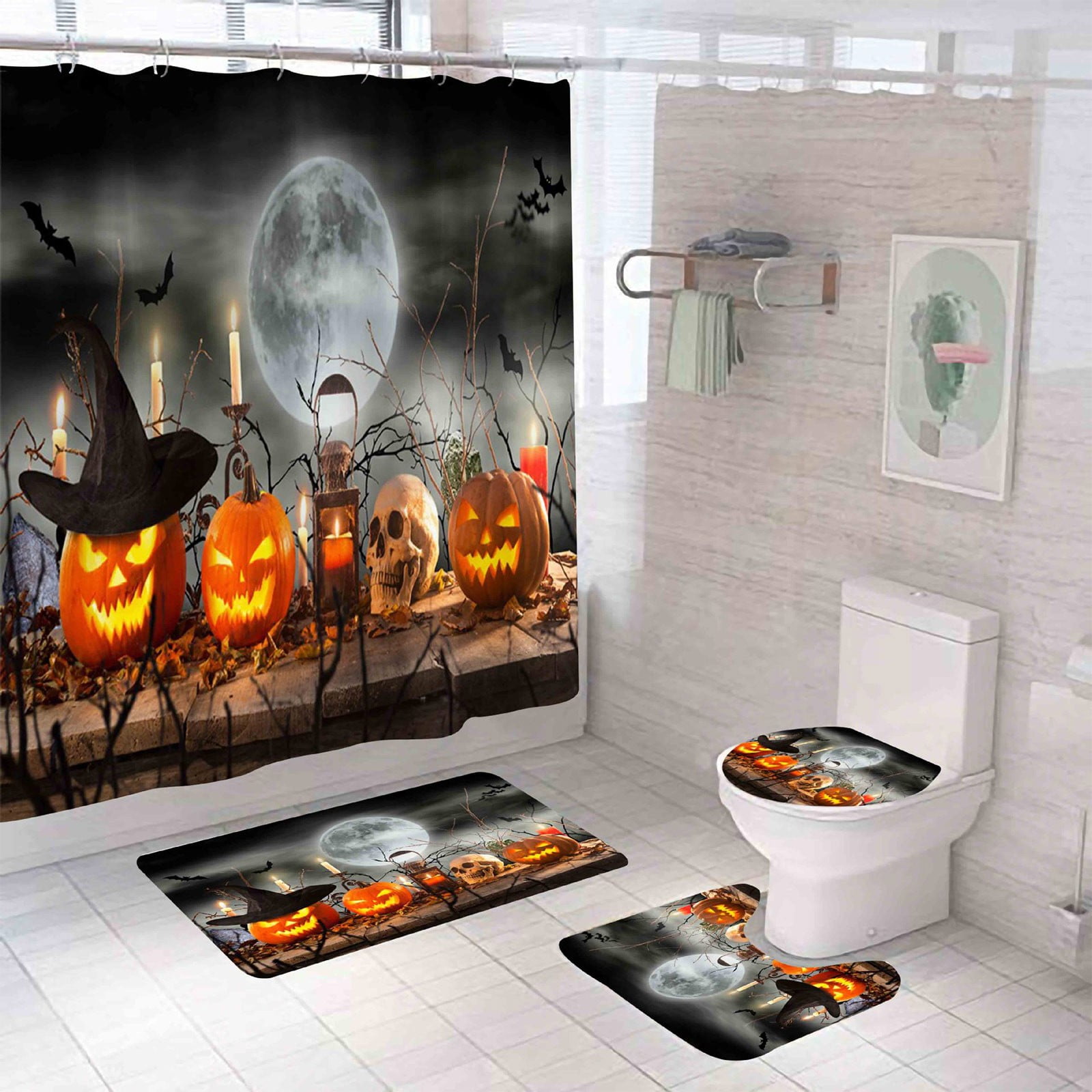 Vlemua Halloween Bathroom Rugs Four Piece Set Of St. Halloween Printed Shower Curtain Carpet Mat Combination Bathroom Toilet Mat Bathroom Curtain Set Fall Decorations For Home Indoor Decor Walmart