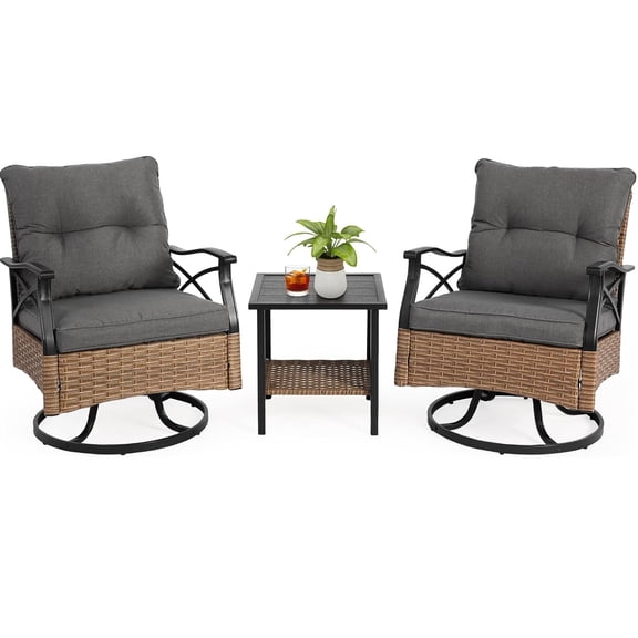 HOMEFUN 3-Piece Outdoor Swivel Rocker Bistro Set Wicker Patio Chairs w/Cushions & Coffee Table for Porch Garden Deck