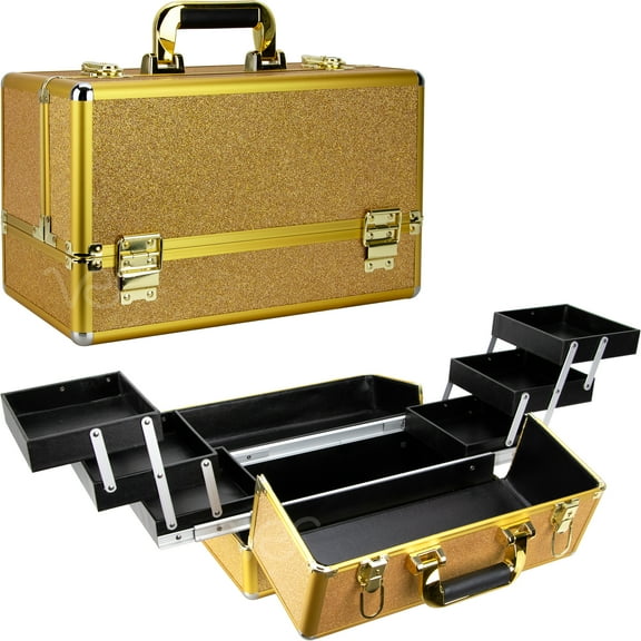 Ver Beauty Makeup Case Organizer Cosmetic Storage with 6 Extendable Trays and Keylock in Gold Glitter-VP002