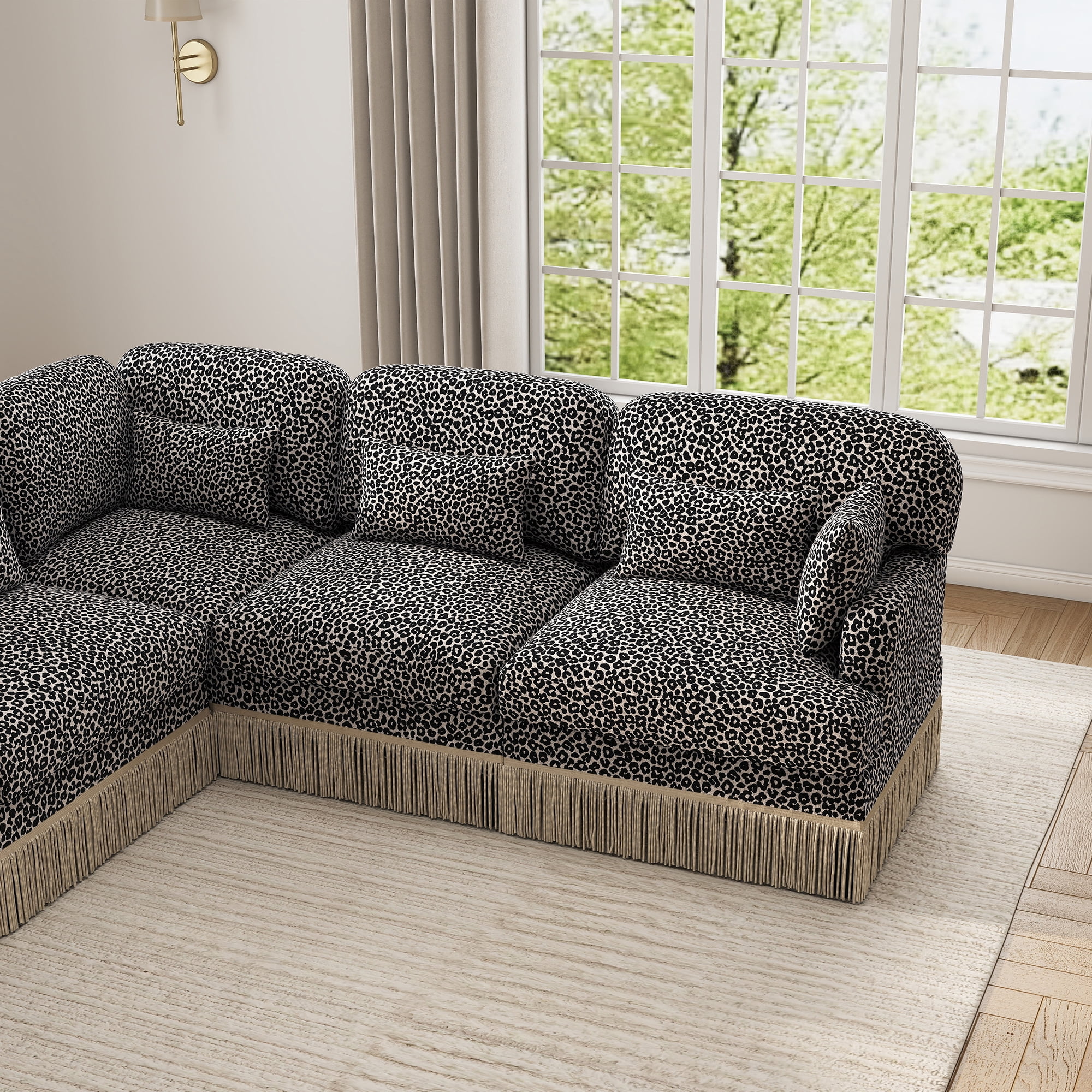 97" U Shaped Leopard Chenille 5 Seater Corner Sofa Couches with 2 Throw Pillows and 4 Lumbar Pillows