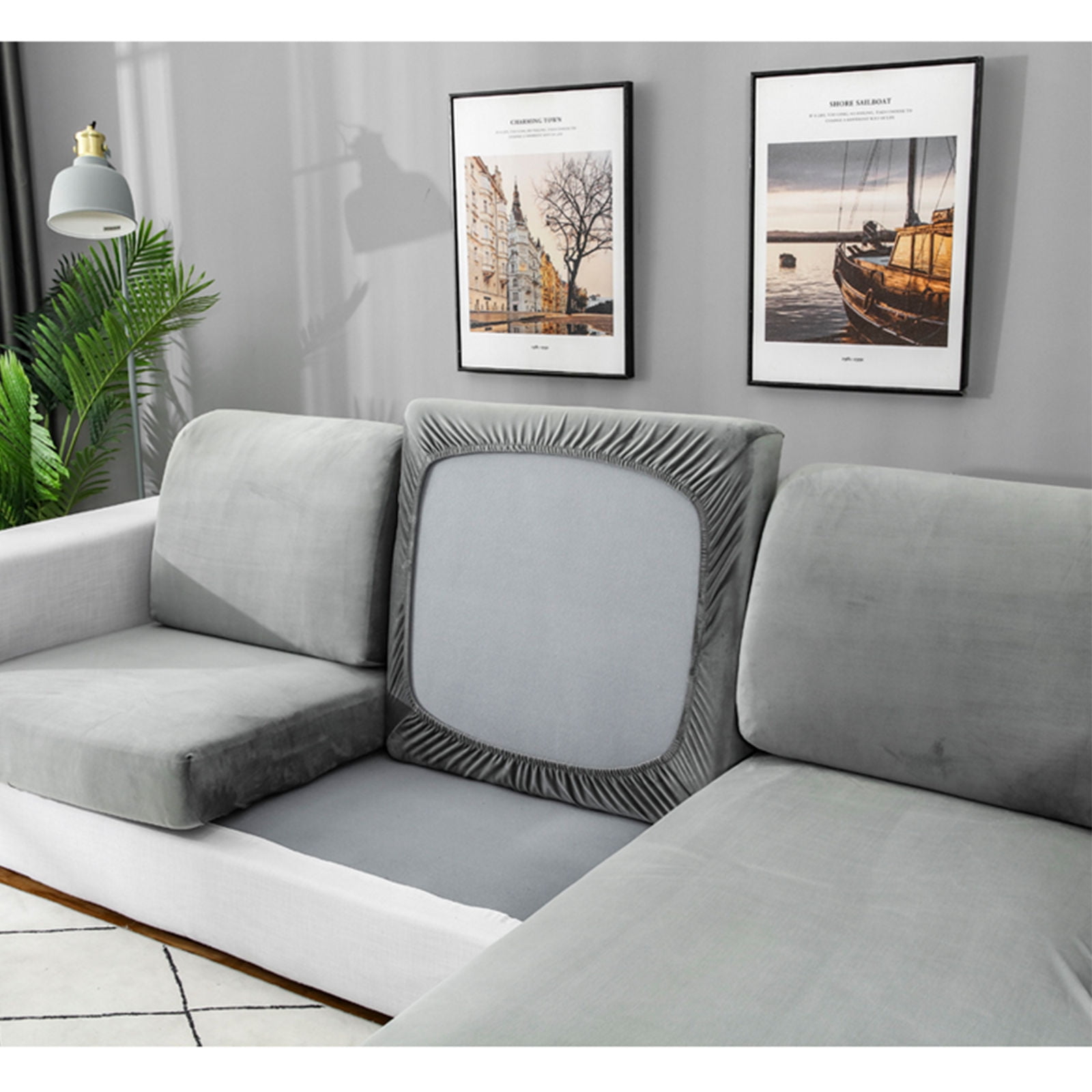 Velvet Stretch Cushion Cover Sofa Slipcover For L-Shaped Sofa Chaise Longue 1 2 3 Cushion Couch Sofa Cover Soft Furniture Protector -Light gray-XL chaise longue(left)