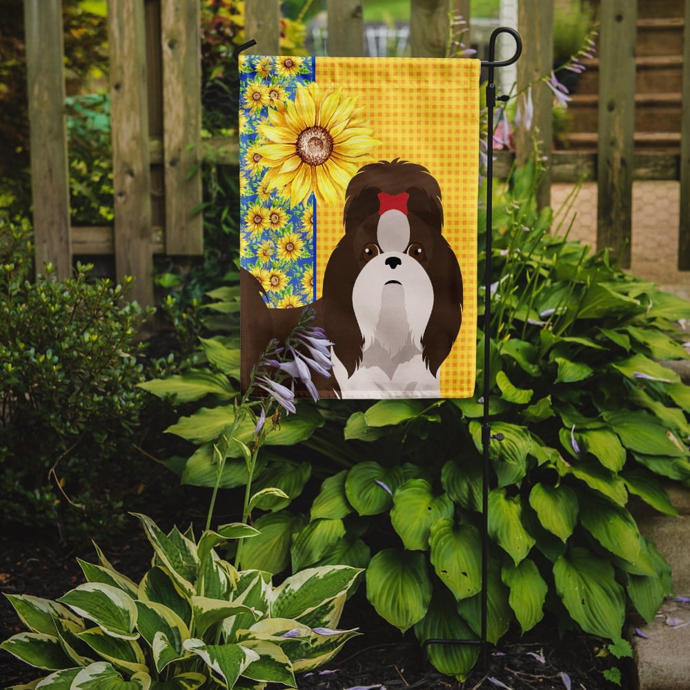 Summer Sunflowers Liver and White Shih Tzu Flag Garden Size 11.25 in x 15.5 in