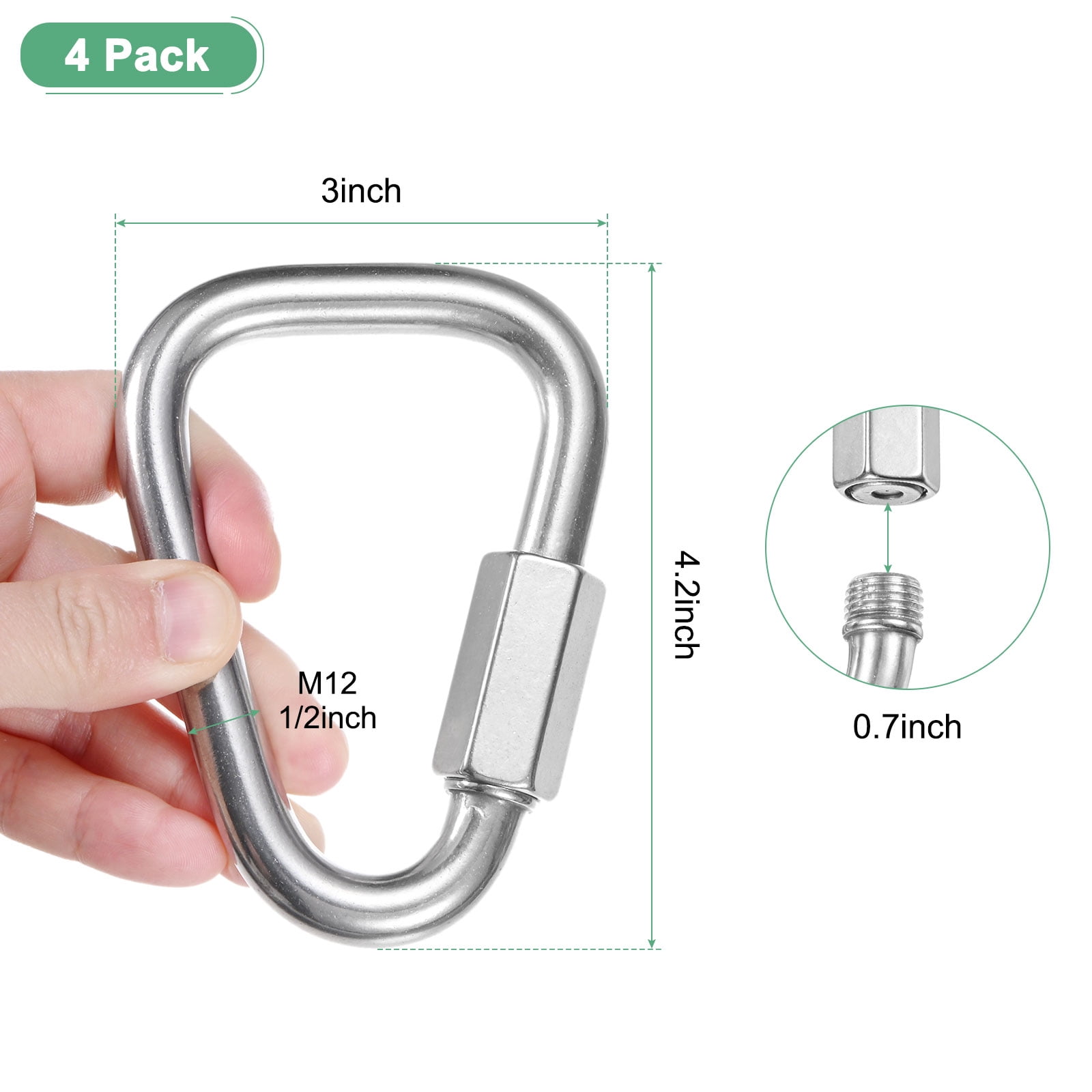 4-Pack Quick Chain Link Connector, M12 1/2" 304 Stainless Steel Triangle Locking Repair Chain Links for Swing/Camping/Hiking/Backpack, Twist Key Ring Screw Chain Link [Silver]