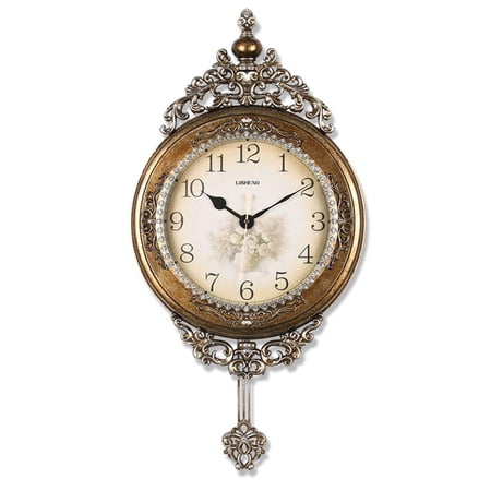 Copper Tone Ornate Vintage Wall Clock With Floral Dial And Pendulum, 29.5
