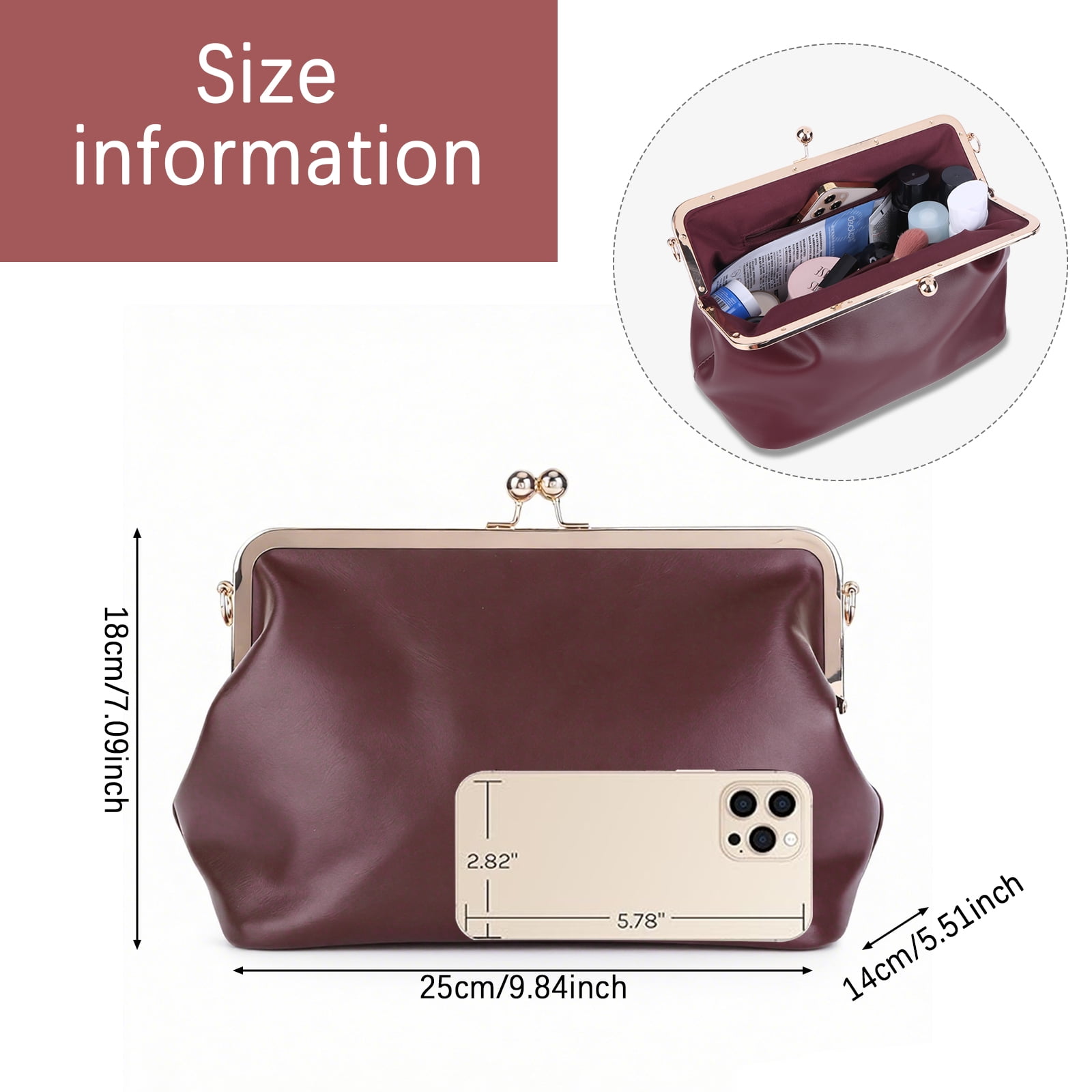 Yucurem Women's PU Crossbody Bag, Vintage Kiss Lock Medium Handbags, Evening Clutch Purse with Chain Strap for Party Travel Work Shopping (Wine Red)
