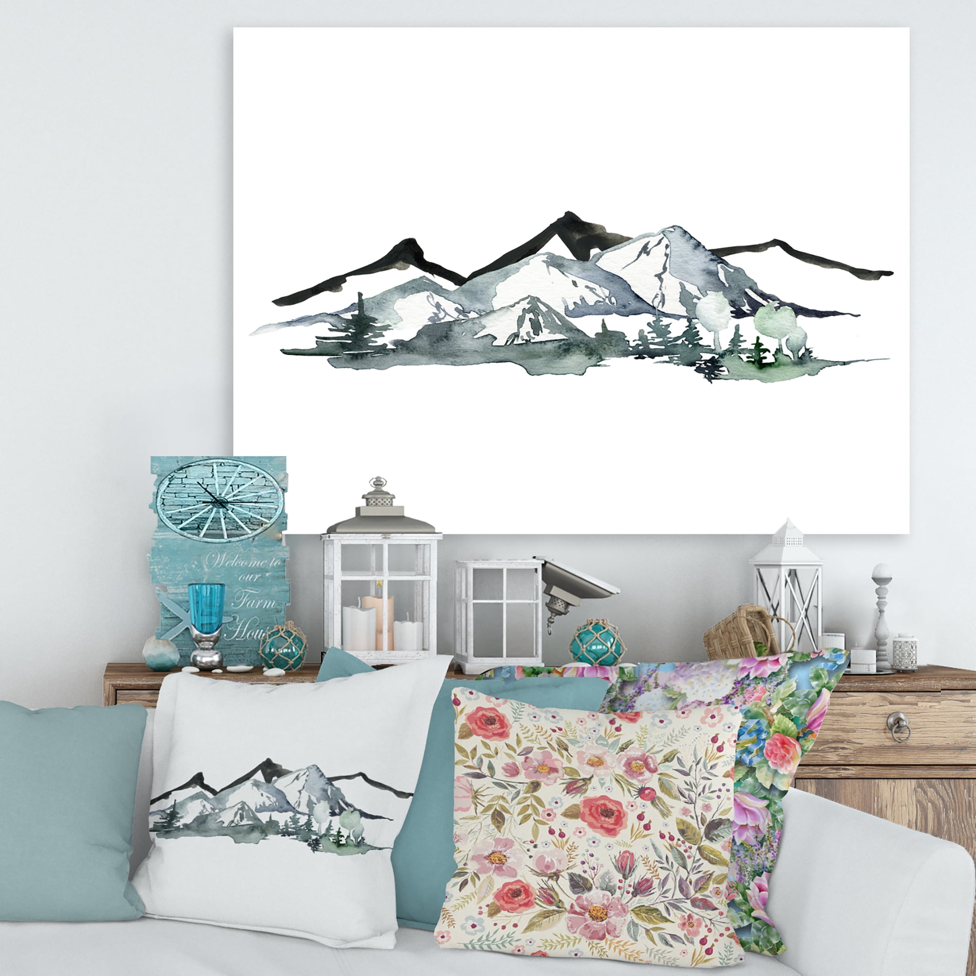 Designart ' Minimalistic Fir Forest and Winter Mountains I ' Modern Canvas Wall Art Print