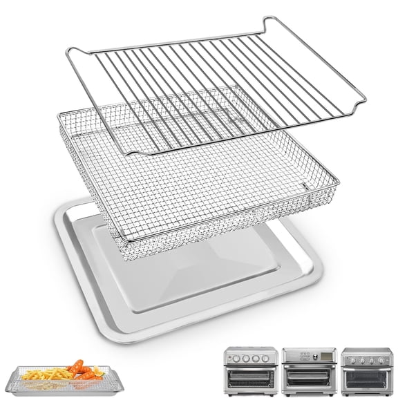 GCQ 3-Piece Stainless Steel Air Fryer Accessories Set, 11.5 x 10.5 in Silver Basket Tray Rack Compatible with Cuisinart TOA-60 TOA-65 TOA-70 Convection Oven