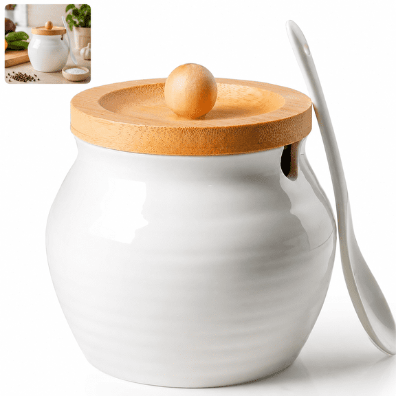 Ceramic Sugar Bowl with Lid and Spoon, 13 oz Sugar Container with Bamboo Lid, Coffee Bar Sugar Jar for Countertop Kitchen, White