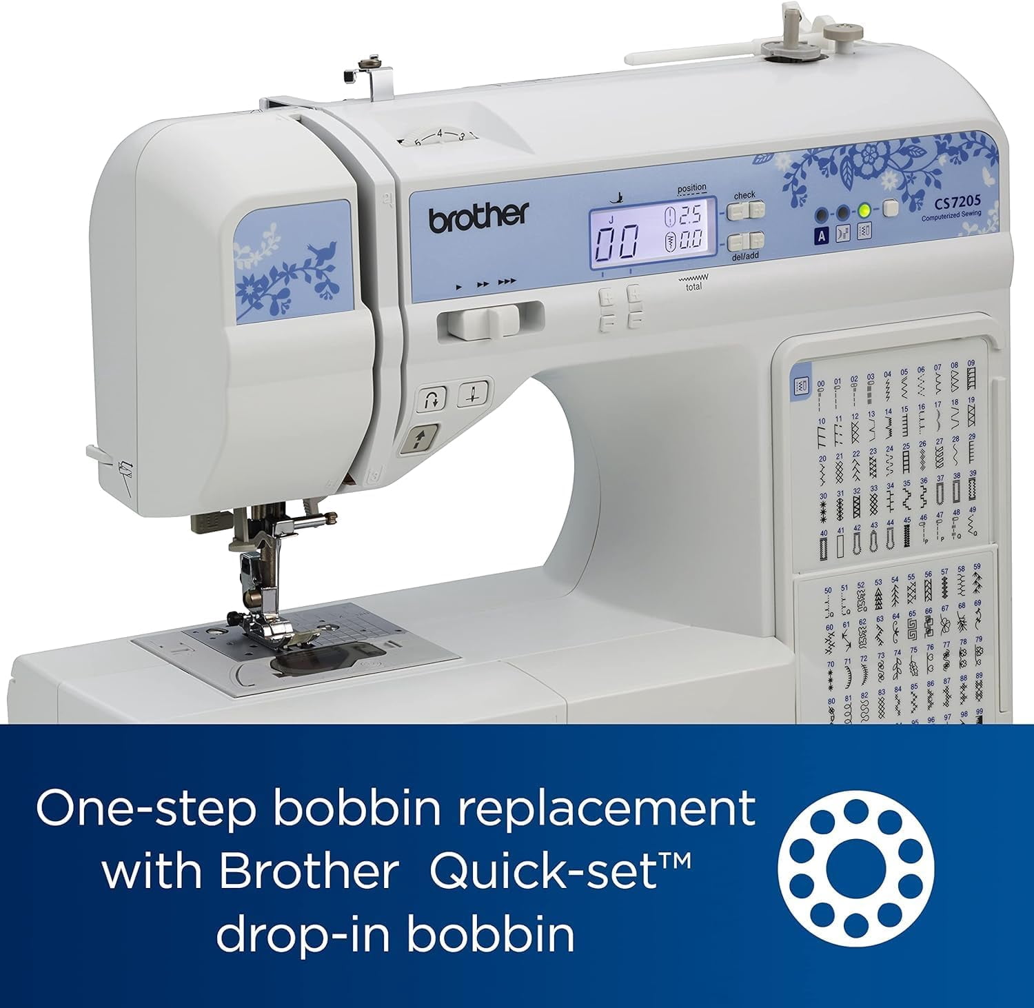 Brother CS7205 Computerized Sewing Machine with Wide Table, 150 Built-in Stitches, 11 Included Sewing Feet, Premium Thread 6-Pack and Sewing Machine Needles 5-Pack
