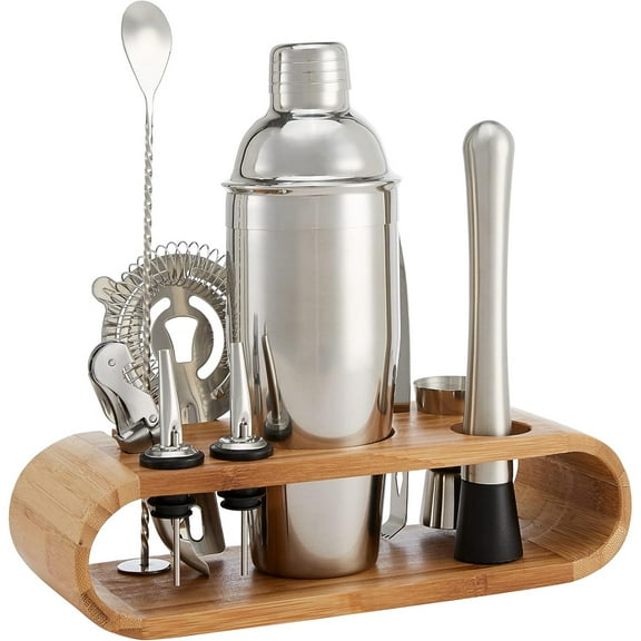 10-Piece Stainless Steel Bar Tools Set with Bamboo Stand Holder