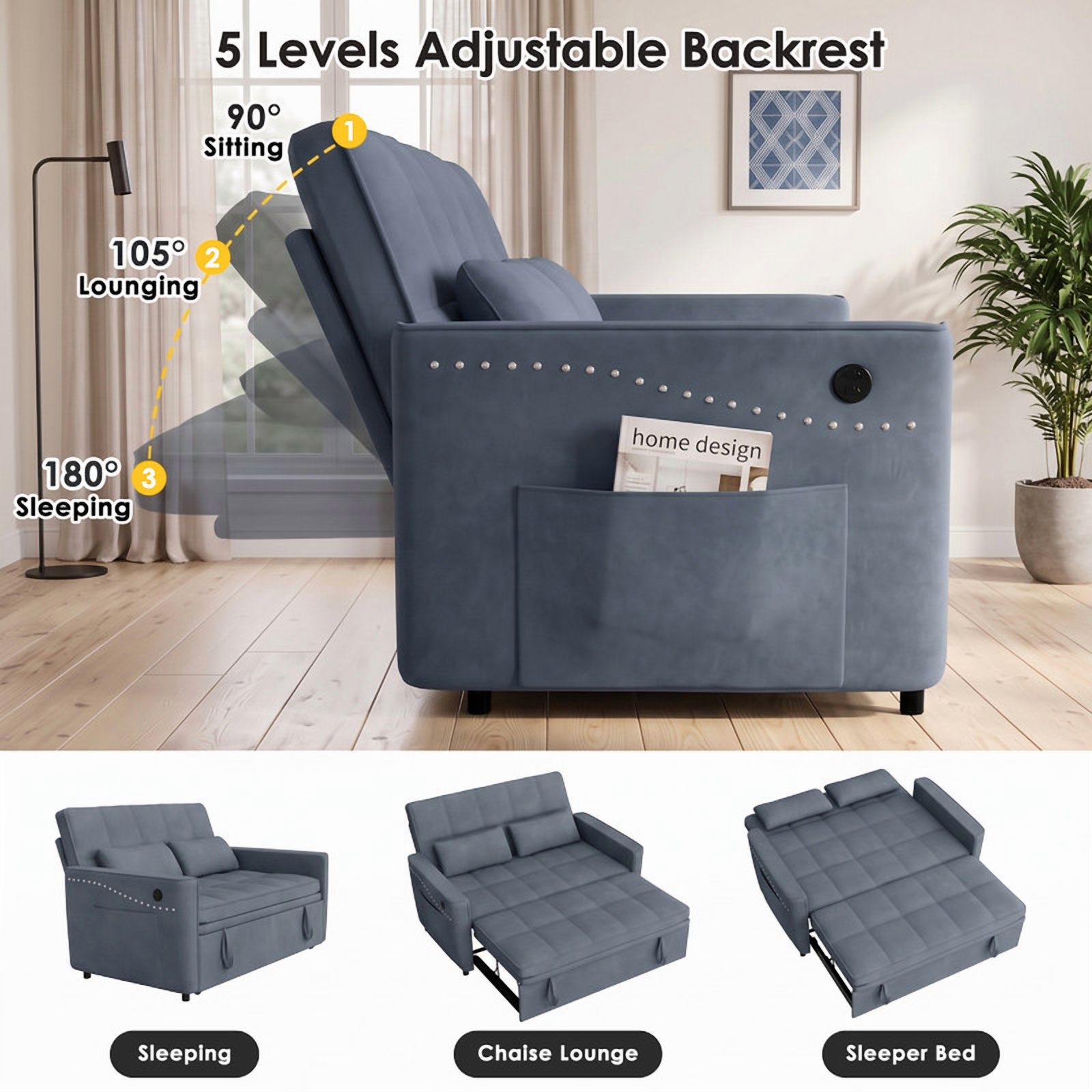 Anpport 54" 3‑in‑1 Convertible Sofa Bed, Sleeper Couch with USB Charging Port, Nailhead Trim & Throw Pillows, Loveseat for Living Room Apartment Small Space, Dark Grey