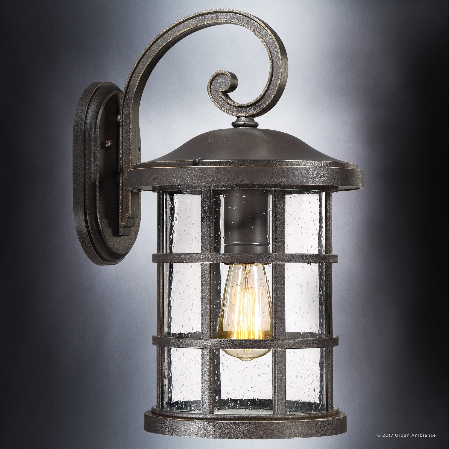 Urban Ambiance Luxury Craftsman Outdoor Wall Light, Medium Size: 17.75"H x 10"W, with Tudor Style Elements, Wrought Iron Design, Oil Rubbed Parisian Bronze Finish and Seeded Glass, UQL1045