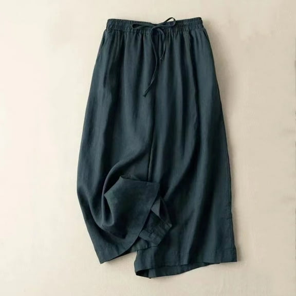 Wide Leg Rompers For Women Stretchy Cotton Linen Capris Mid Rise Wide Leg Capris Drawstring Elastic Waist Capri Palazzo Pants Straight Pull On Lounge Capris Casual Solid Cropped Pants Army Green