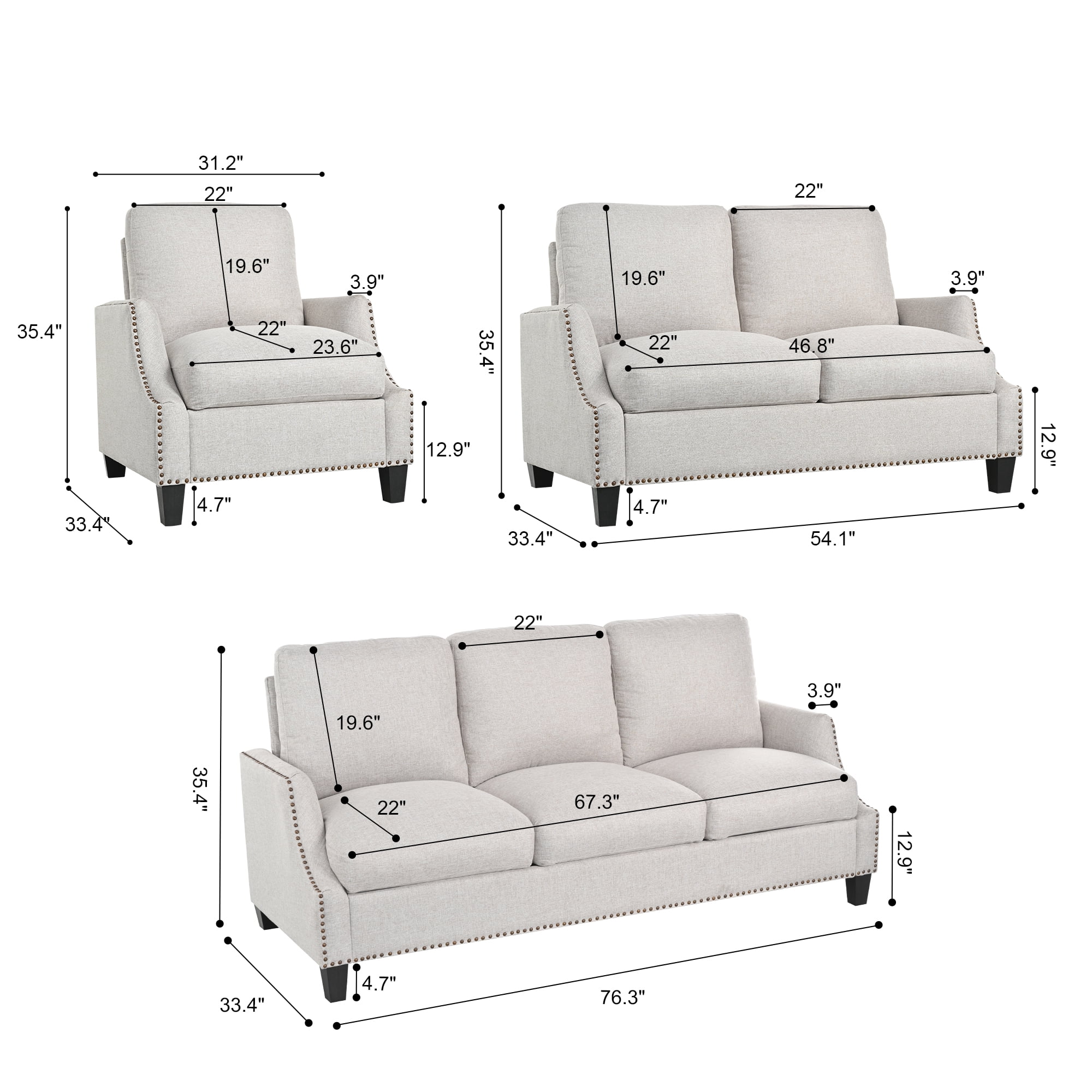 Aukfa 3 Piece Living Room Sofa Set, Modern Upholstered Sectional Couch with 3 Seater Sofa, Loveseat and Armchair, Furniture Set, Beige