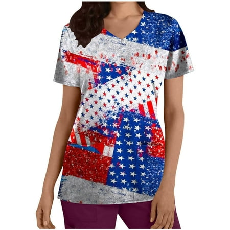 

abcnature Co.Ltd 4Th of July Scrubs Tops for Women American Flag Printed Short Sleeve Workwear T Shirts Holiday Patriotic V-Neck Uniform Blouse with Pockets