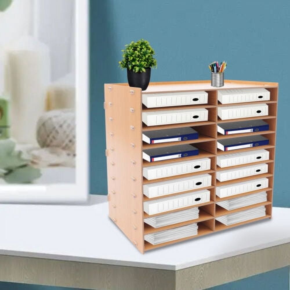 18 Grids File Rack Organizer Golden Wood Folder Holder Floor / Desk Mounted
