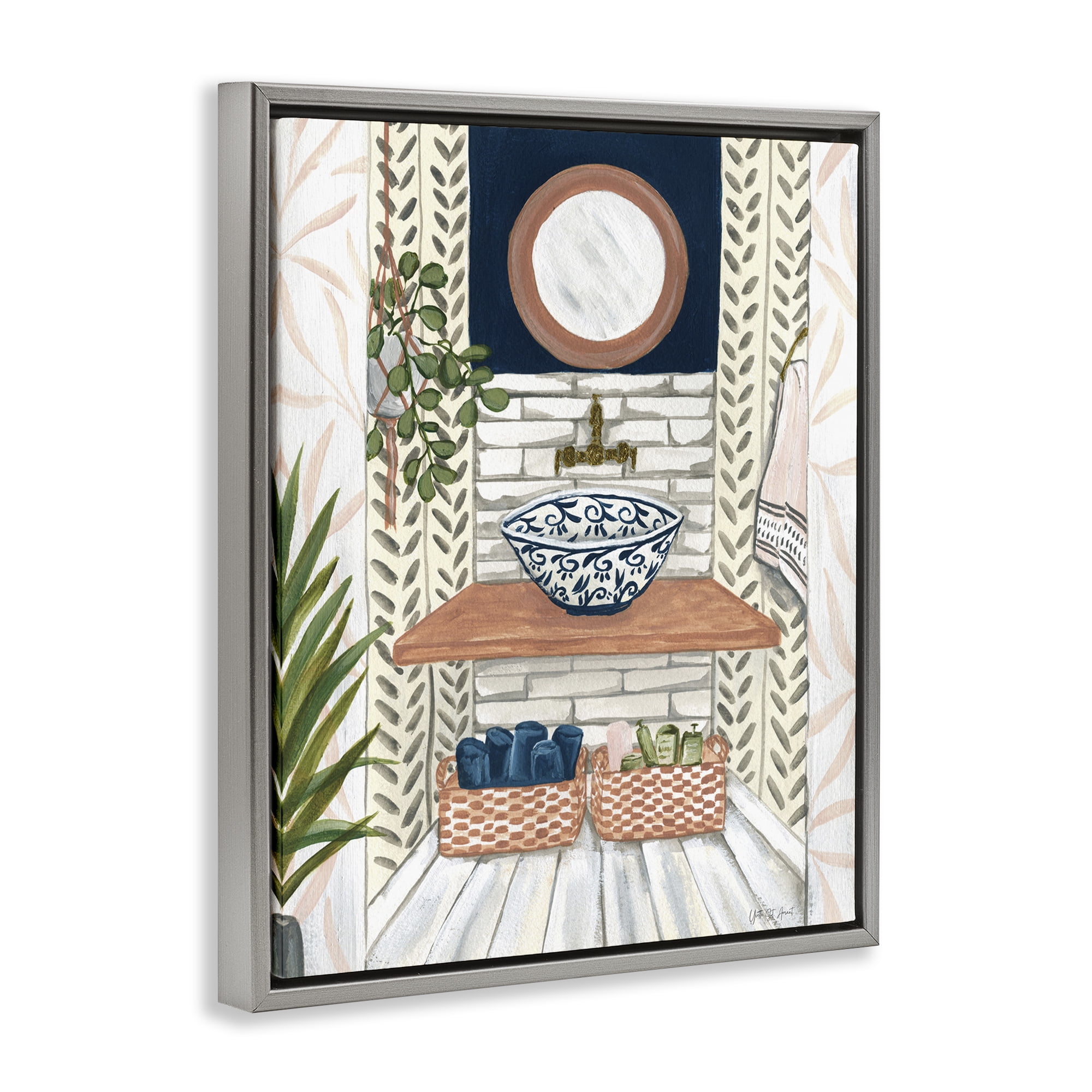 Stupell Industries Chic Bathroom Scene Typography Painting Gray Floater Framed Canvas Art Print Wall Art, 17 x 21
