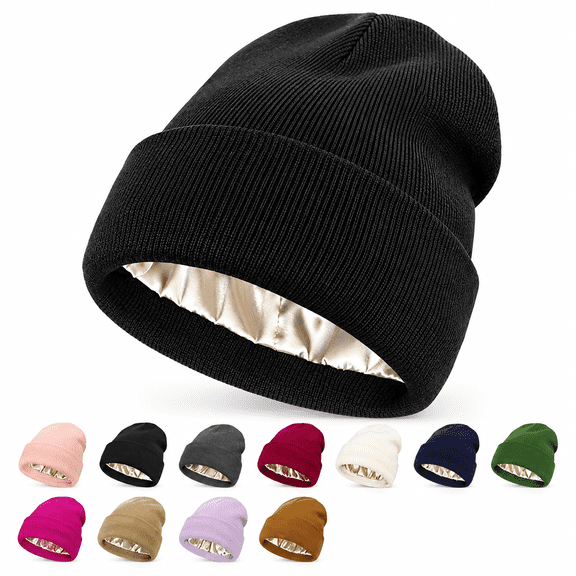 FLORNIX Satin Lined Beanie, Soft Knitted Cuffed Winter Hat with Silk Lining - Warm Skull Cap for Women and Men