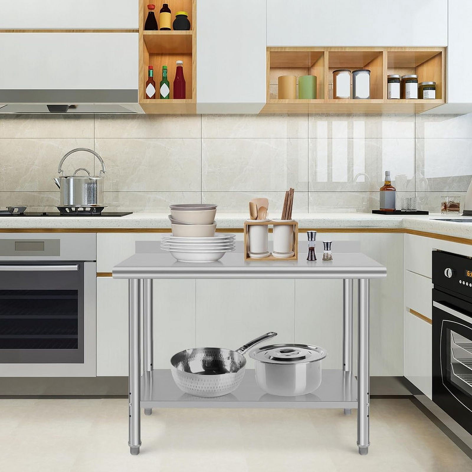 Stainless Steel Prep Table 48 x 24 Inch, Heavy Duty Commercial Kitchen Table with Backsplash & Shelf